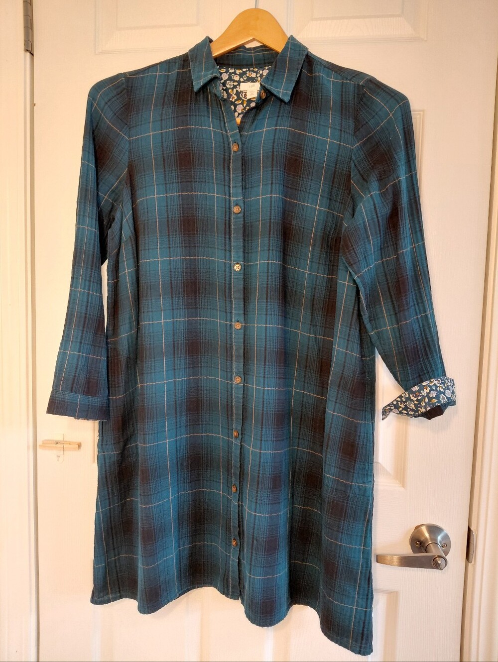 J JILL Blue Plaid Buttoned Shirt Dress Petite Medium - Picture 2 of 7